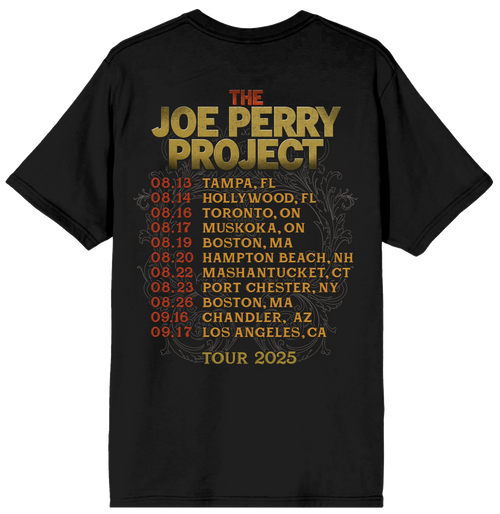 Black t-shirt with 'The Joe Perry Project' tour dates printed on the back.