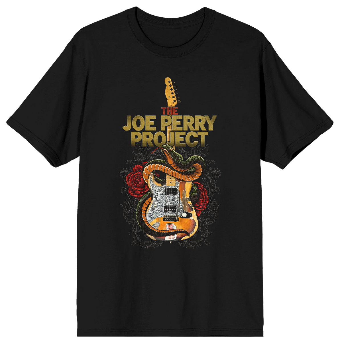 Black t-shirt with 'The Joe Perry Project' graphic design featuring a guitar and roses on a white background.