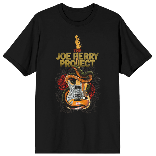 Black t-shirt with 'The Joe Perry Project' graphic design featuring a guitar and roses on a white background.
