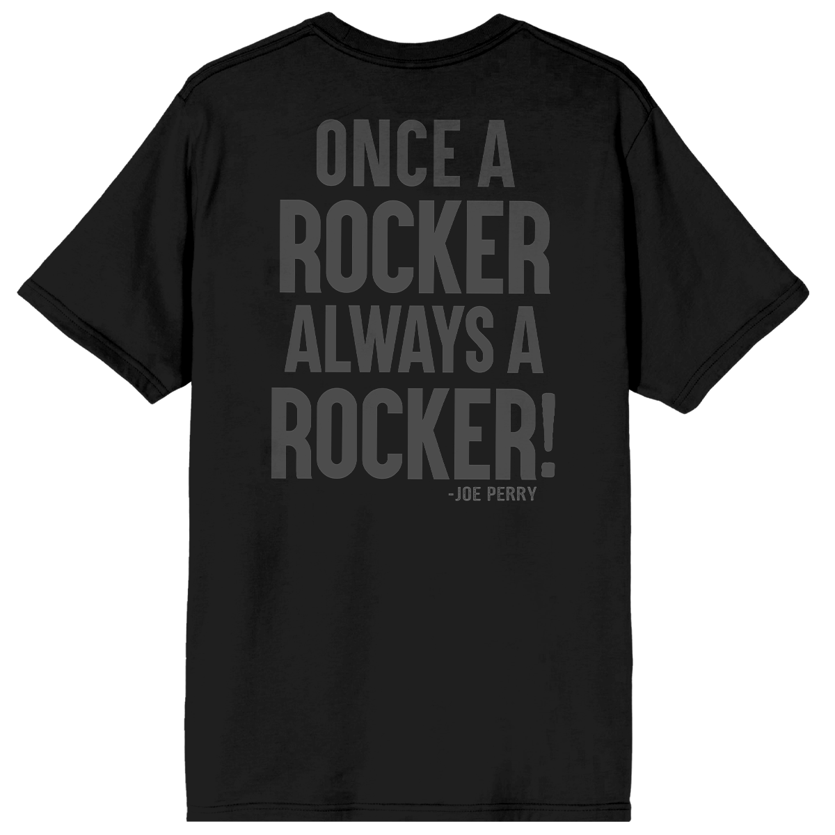 Black t-shirt with 'Once a Rocker, Always a Rocker' text on the back