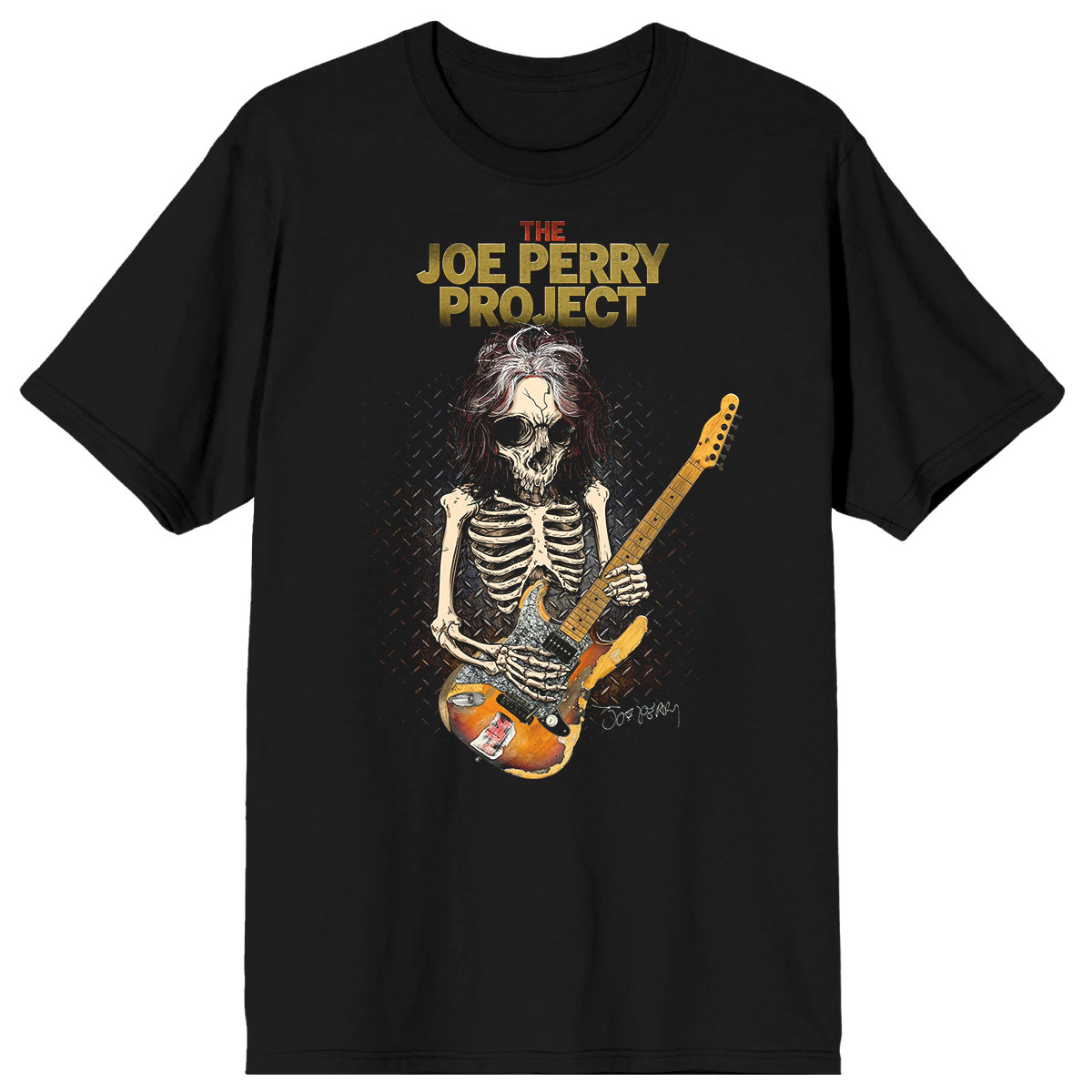 Black t-shirt with skeleton playing guitar graphic and 'The Joe Perry Project' text on a white background