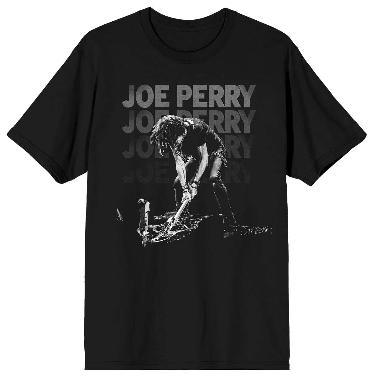 Black t-shirt with graphic design and 'Joe Perry' text on a white background